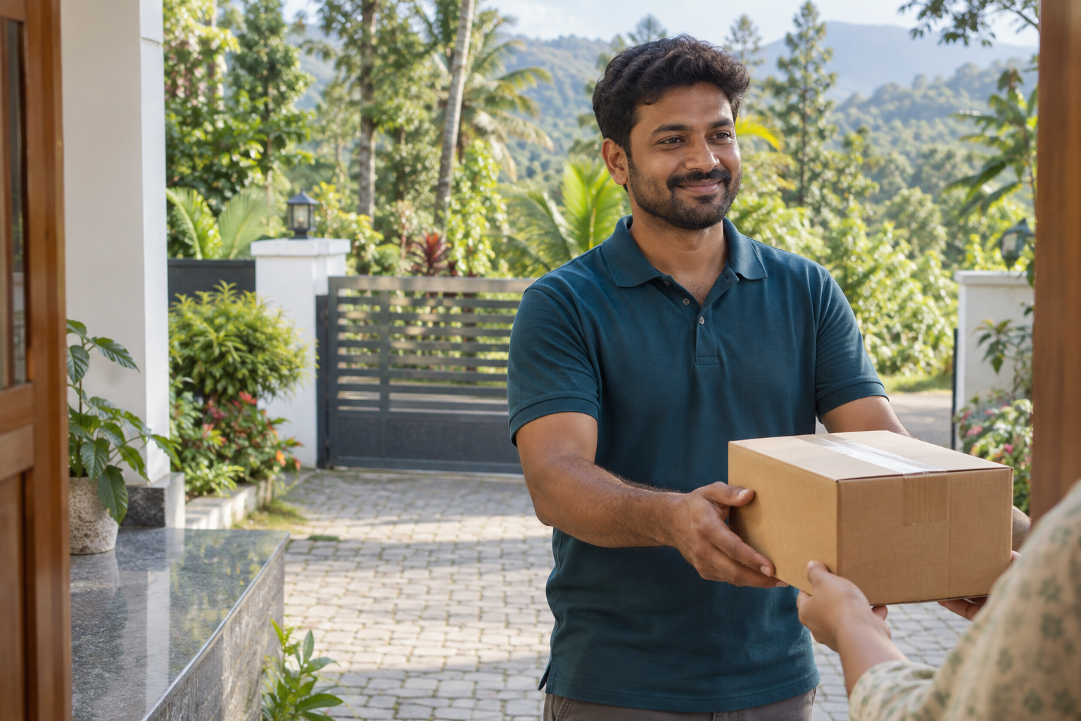Local delivery helper handing a parcel to a customer at a Wayanad home