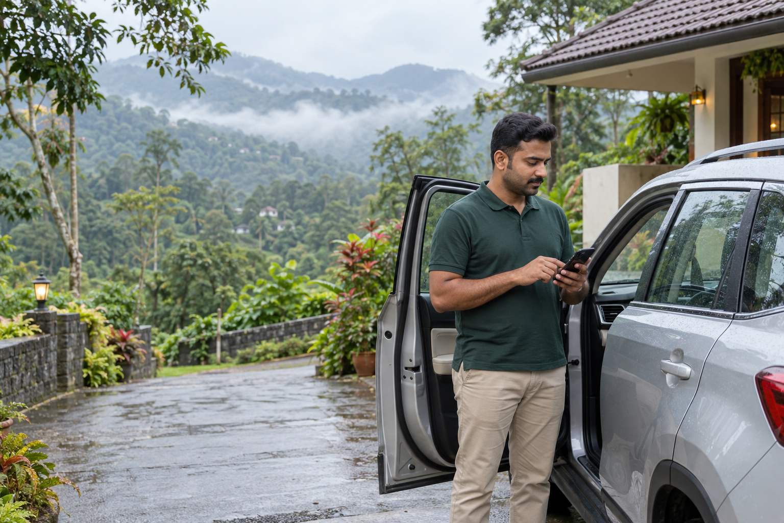 A professional driver checking a route beside a customer's car in Wayanad