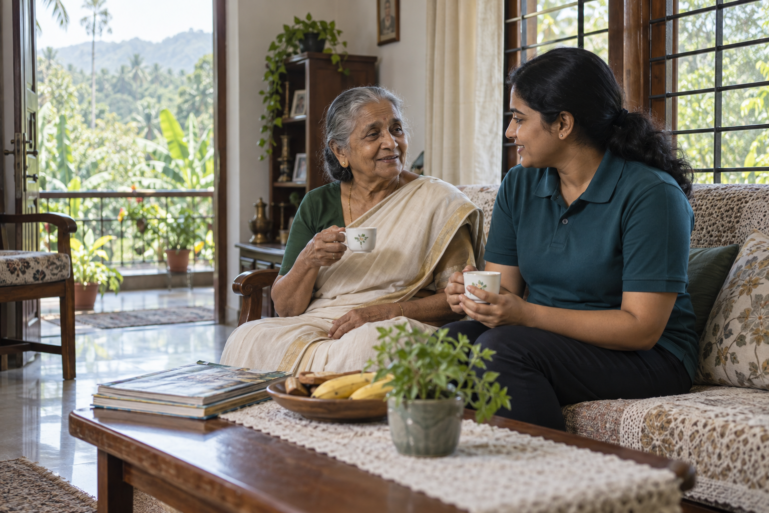 Elderly woman sharing a companion visit with a local support worker in a Wayanad home
