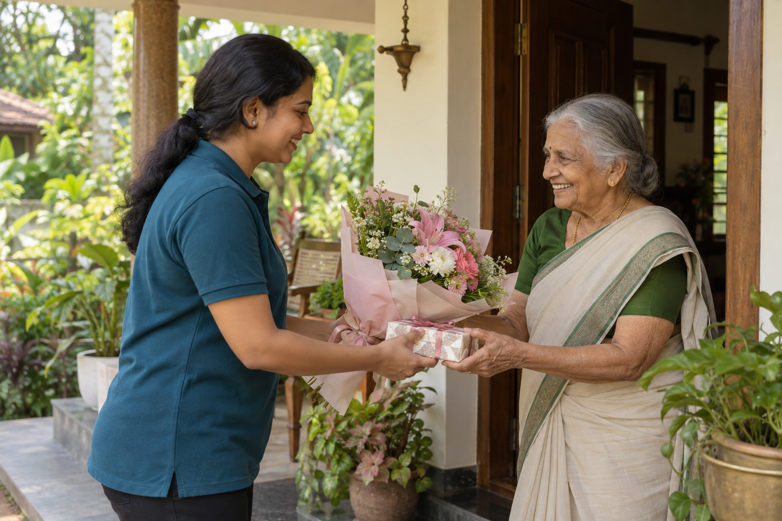 Local support worker delivering flowers and a gift to an elderly woman at a Wayanad home