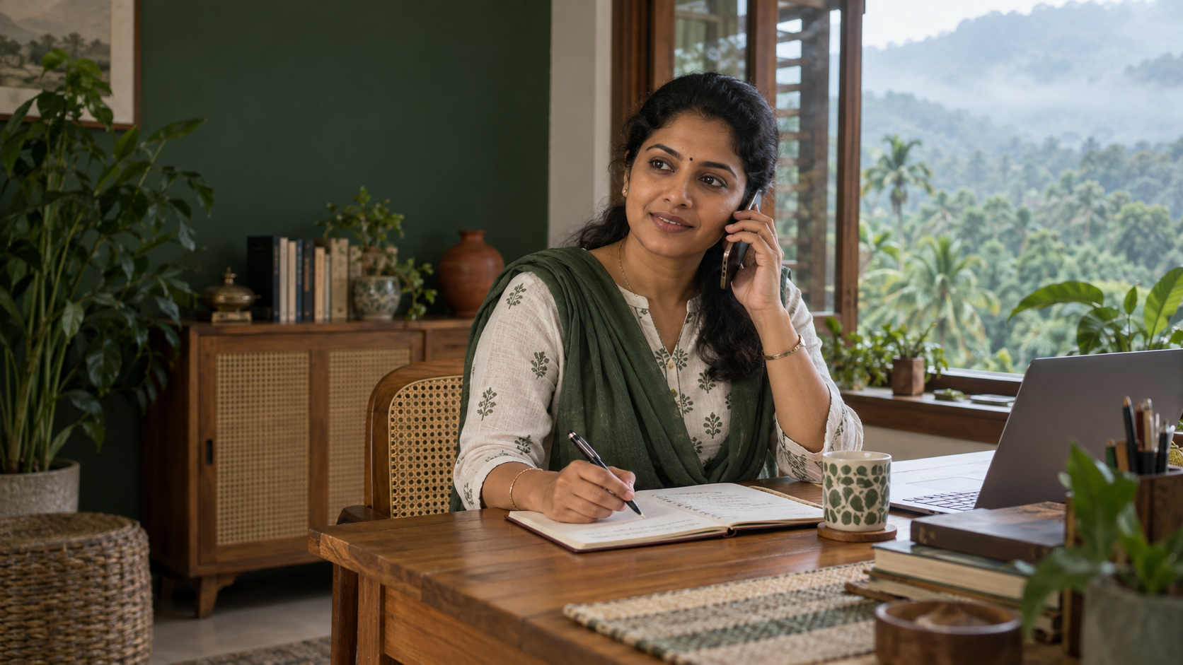A local Heartenza coordinator speaking with a customer from a workspace overlooking Wayanad
