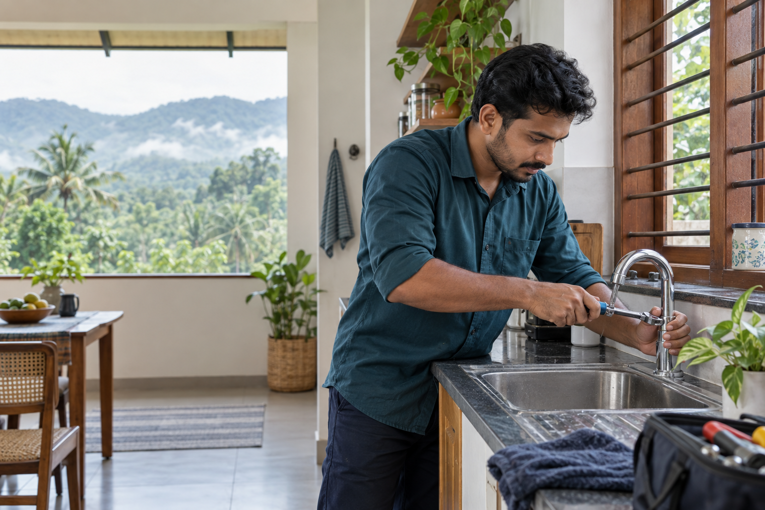 Home-maintenance professional attending to a kitchen tap in a Wayanad home