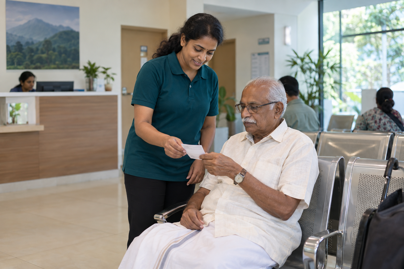 Support companion helping an elderly man with a planned clinic appointment in Wayanad