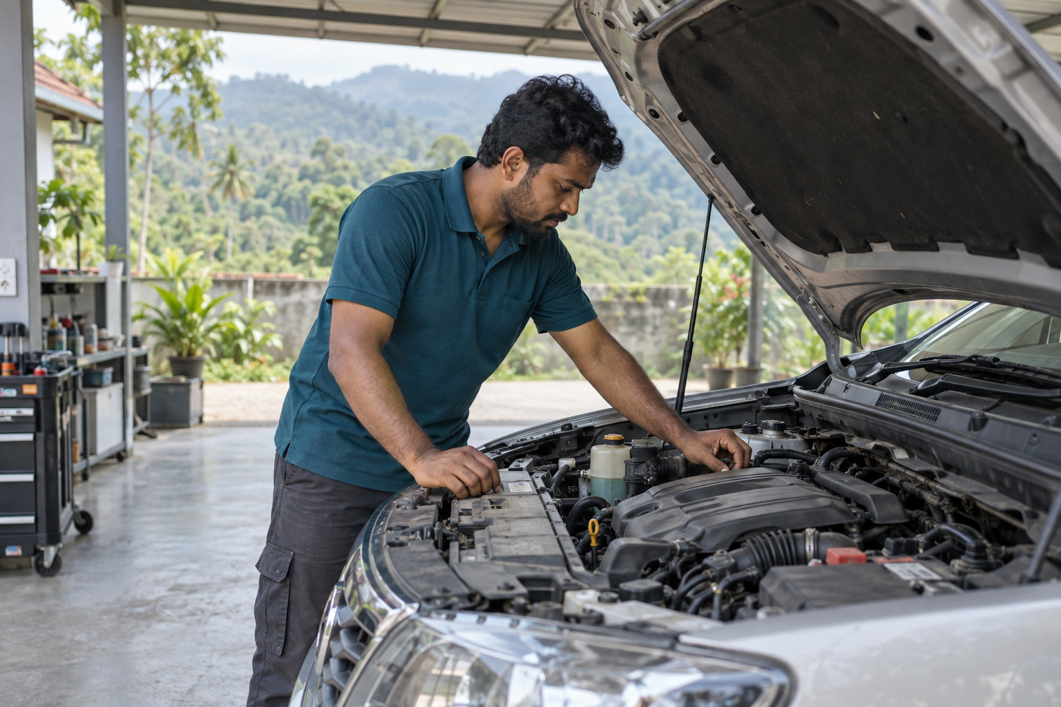 Vehicle technician inspecting a car's engine in a Wayanad carport